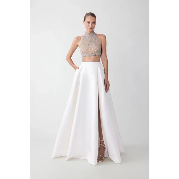 Sau Lee Satin Lucie Pleated Maxi Skirt White Women's Size 6 - Picture 2 of 11
